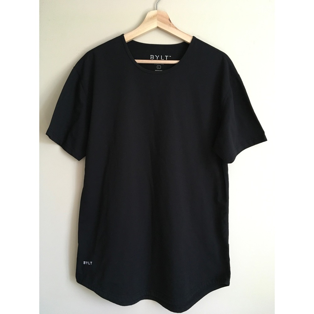 BYLT Basics Signature Drop Cut T-Shirt Mens Large Black Short Sleeve Curved Hem